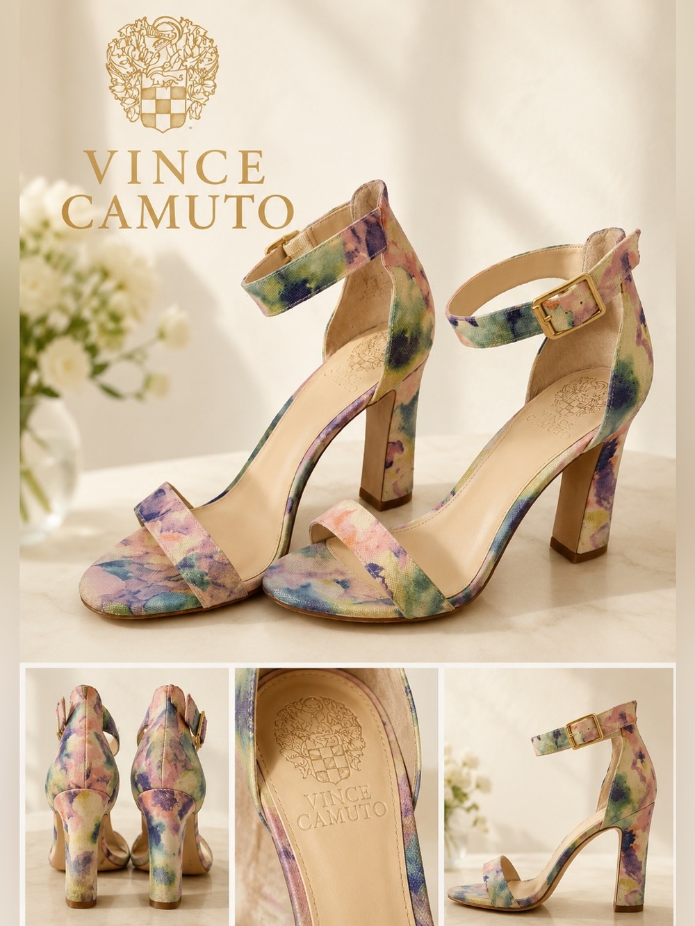 Vince Camuto Acelyn Pastel Floral Watercolor Block Heel Sandals 8.5M